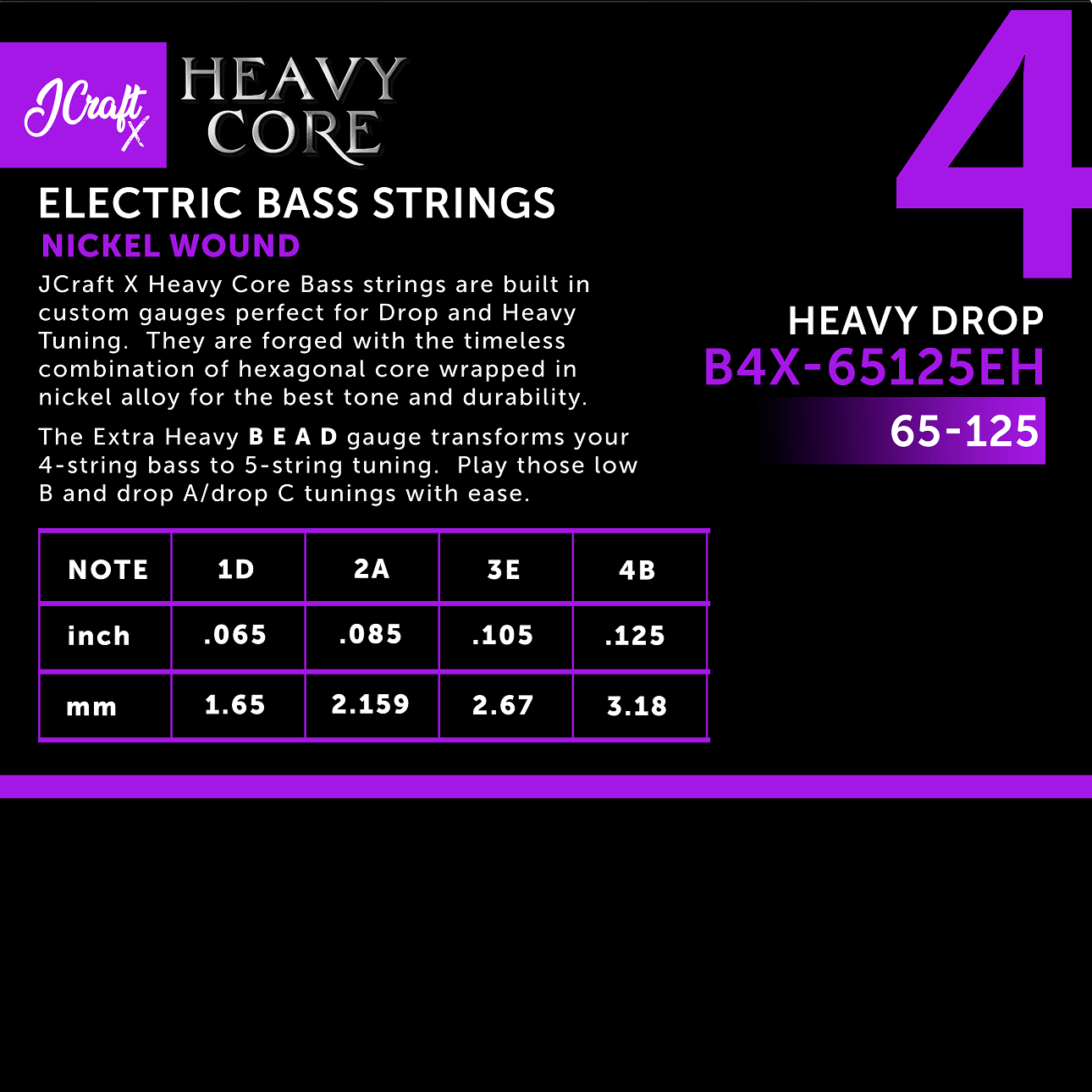 JCraft X Heavy Core 4-String BEAD Tuning Electric Bass Guitar String 65-125