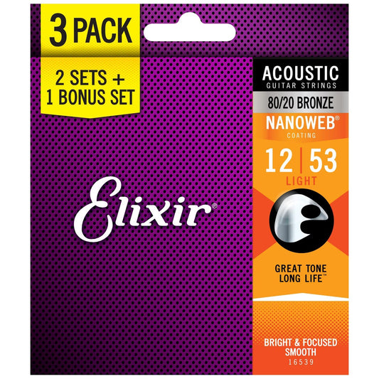 Elixir Acoustic 80/20 Bronze Acoustic Guitar Strings with Nanoweb Coating - Light (12 16 24 32 42 53) 3-Pack