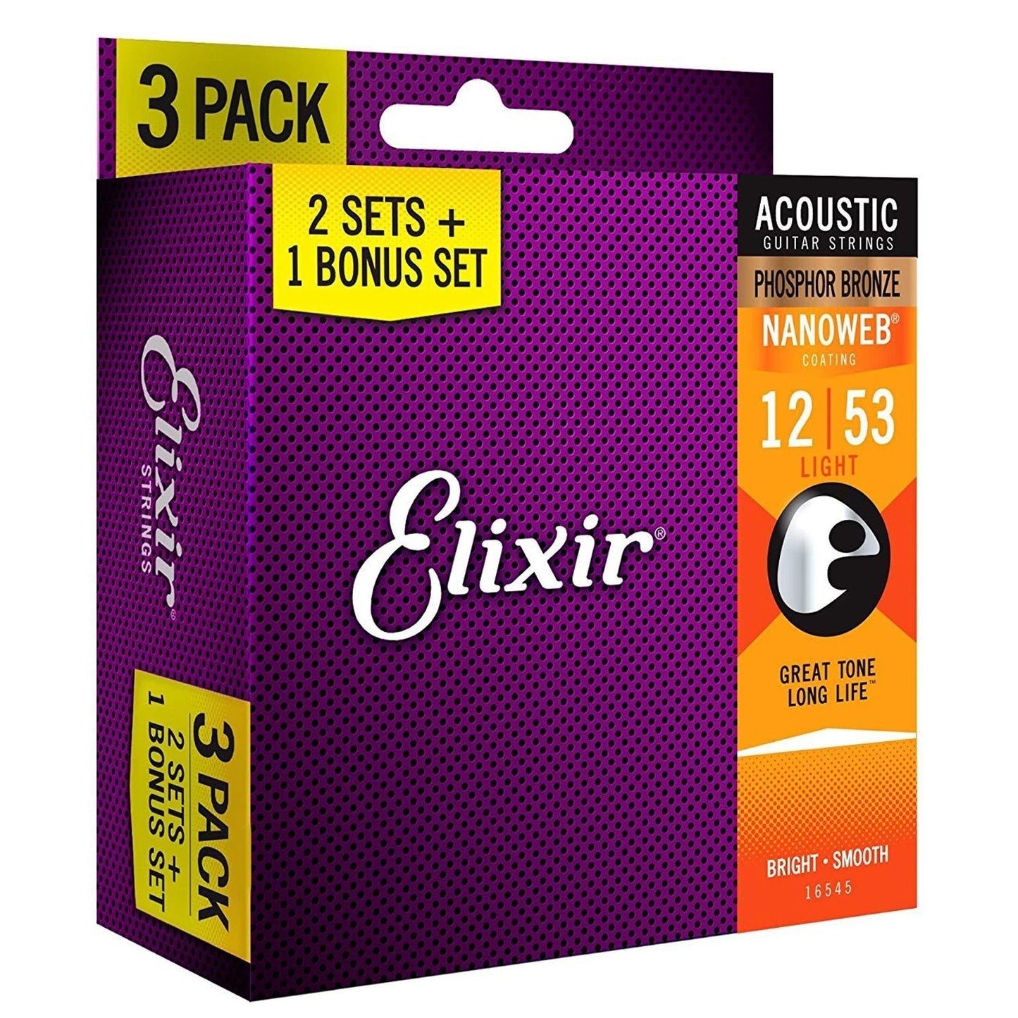 Elixir Acoustic Phosphor Bronze Acoustic Guitar Strings with Nanoweb Coating - Light (12 16 24 32 42 53) 3-Pack