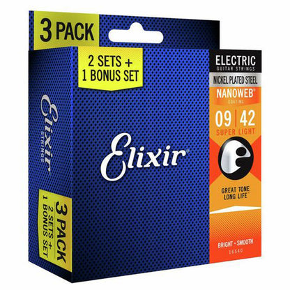 Elixir Electric Nickel Plated Steel Electric Guitar Strings with Nanoweb Coating - Super Light (9 11 16 24 32 42) 3-Pack