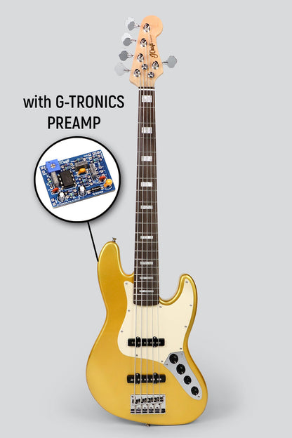 JCraft JB-2A Active J-Offset 5-String Bass Guitar with Gibtronics J-Preamp / Shielding - Metallic Gold