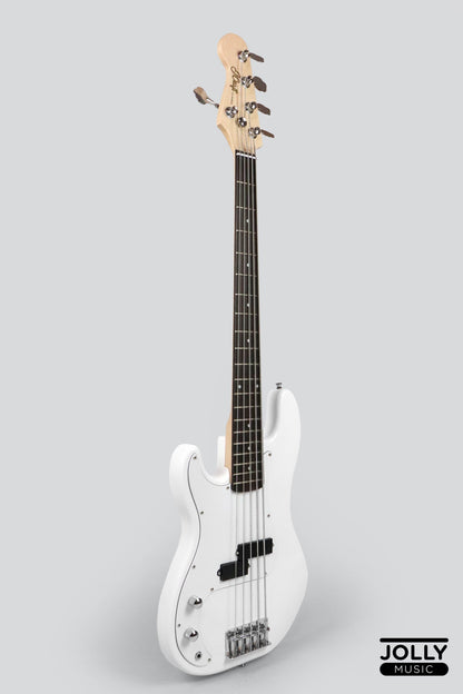 JCraft PB-1 Left Handed 5-String Electric Bass Guitar with Gigbag - Triple White